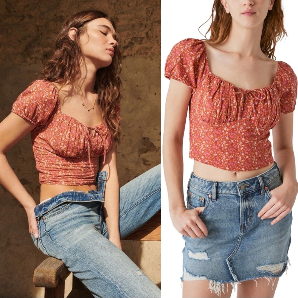 Womens Lucky Brand Laura Ashley Rust Corset Printed Floral Pink White Crop Large